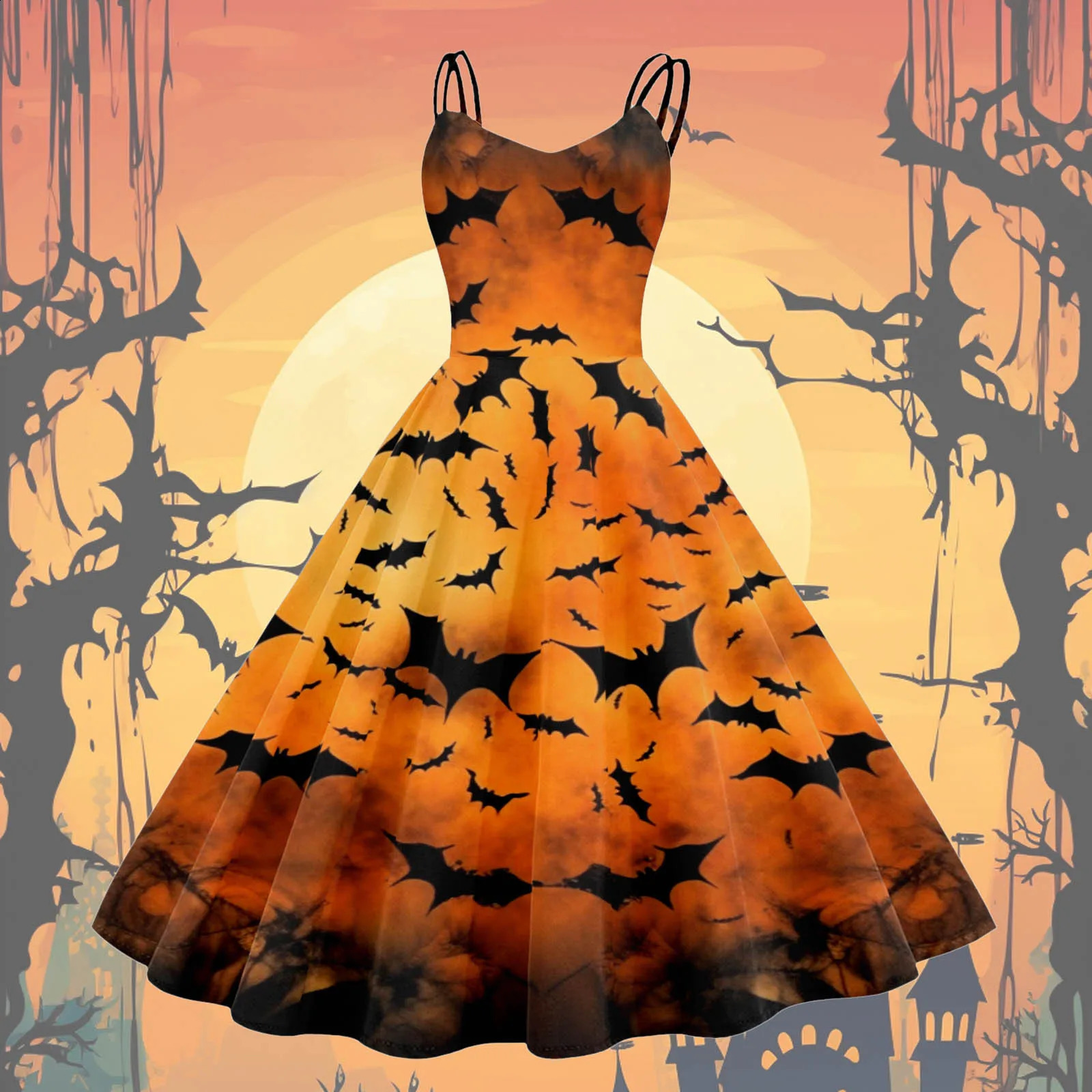 Vintage Swing Dress For Women Knee Length Halloween Print Sleeveless 1950s Housewife Evening Prom Dress Gothic Gown Vestidos 240823