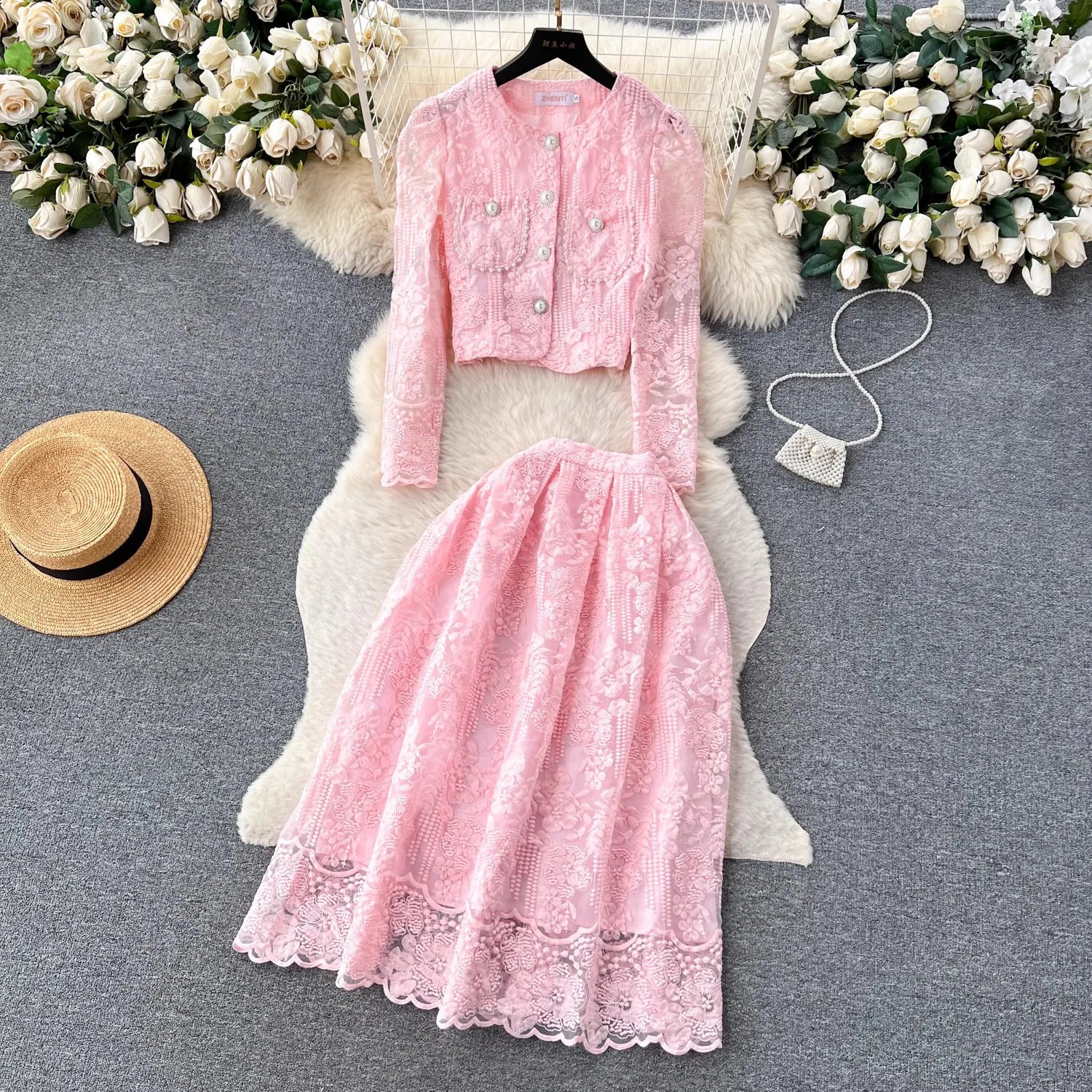 Autumn Pink Embroidery Flower Lace Two Piece Set Elegant Women Single Breasted Beadeds Long Sleeve Shirt Midi Skirt Suits 240823