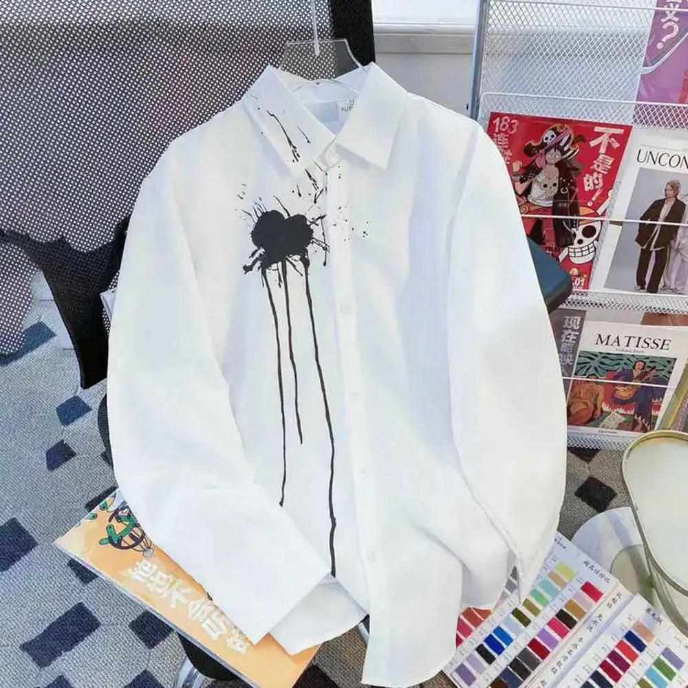 Mens Shirt Ink Splatter Printed Long Sleeved Shirt Summer Casual Versatile Moisture Wicking Korean Style Top Mens Clothing 240822