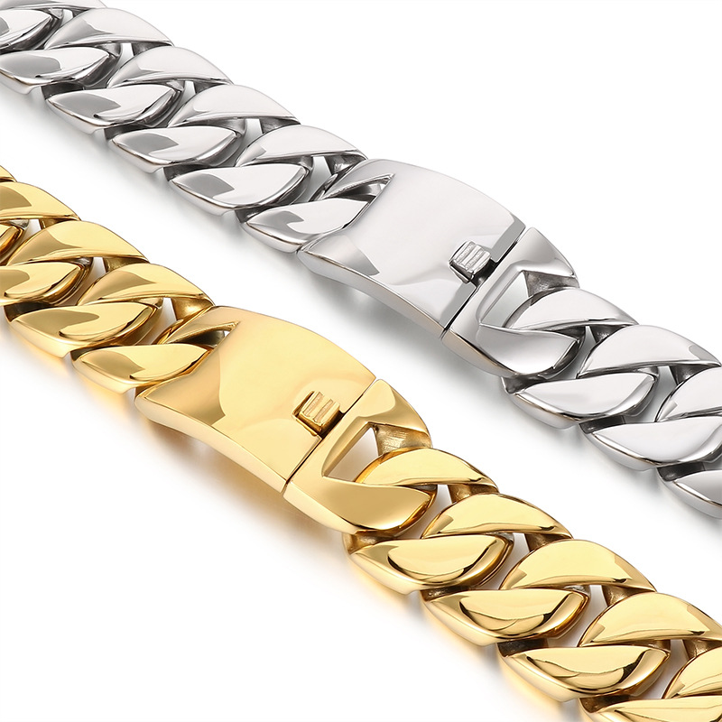 32mm Hip Hop Solid Stainless Steel Miami Cuban Chain Necklace 18K Real Gold Plated Mens Heavy Jewelry