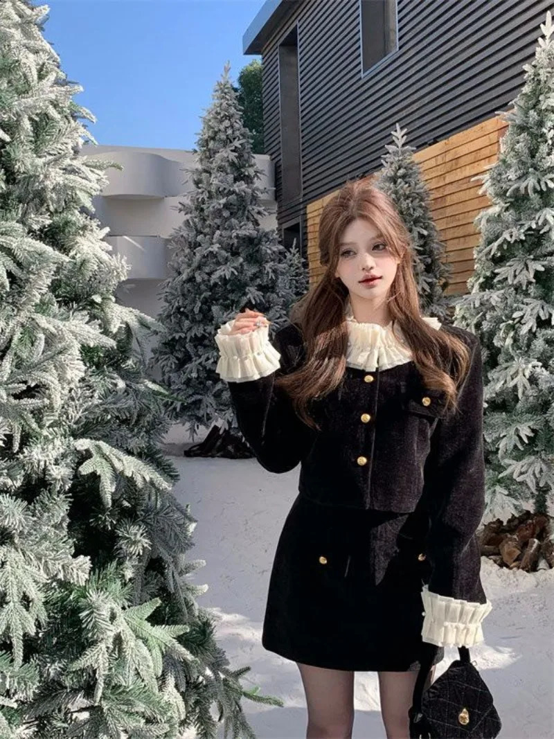 Temperament Stringy Selvedge Splice Coat Hip Wrap Skirt Two-piece Set Women Fashion Bead Lace O-Neck Celebrity Sweet Slim Suit 240823
