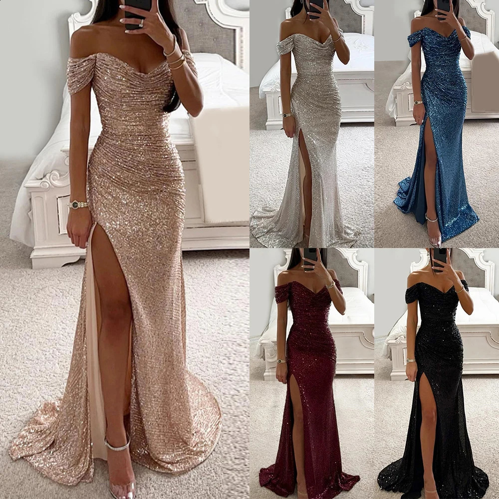 Party Womens Prom Dress Sequin Long Bodycon Maxi Dress Short Sleeve Floor Length Formal Party Sexy Dress Off Shoulder 240823