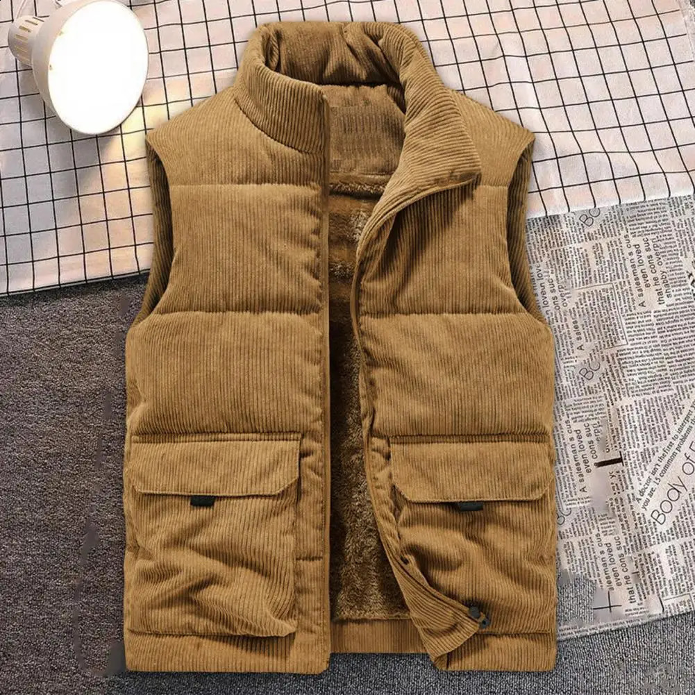 2024 Vest Jacket Mens Autumn Winter Warm Sleeveless Coat Stand Collar Padded Waistcoat Corduroy Work Wear Male Clothes 5XL y240822