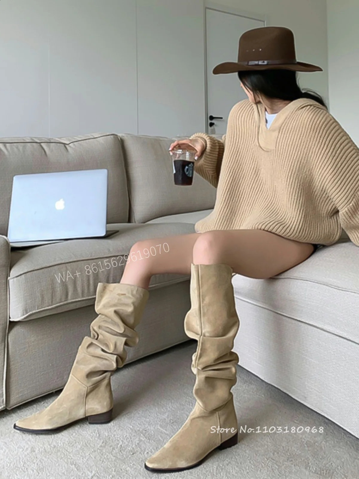 Womens Suede Wrinkled Knee High Boots with Almond Horn Toes Stacked Knight Boots for Autumn and Winter Slippery on Dress Shoes 240823