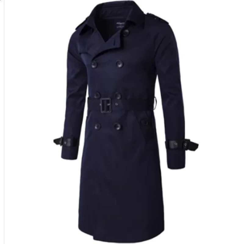 Mens Spring Autumn Windbreak Overcoat Long Trench Coats with Belt Male Pea Coat Double Breasted Peacoat 240822