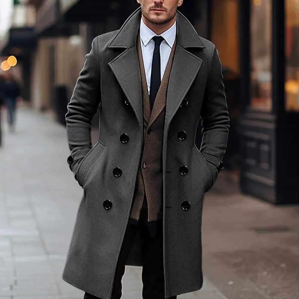 Mid-length Outwear Elegant Mens Woolen Coat with Lapel Double Breasted Design Stylish Long Sleeve Windbreaker for WinterXJ240822