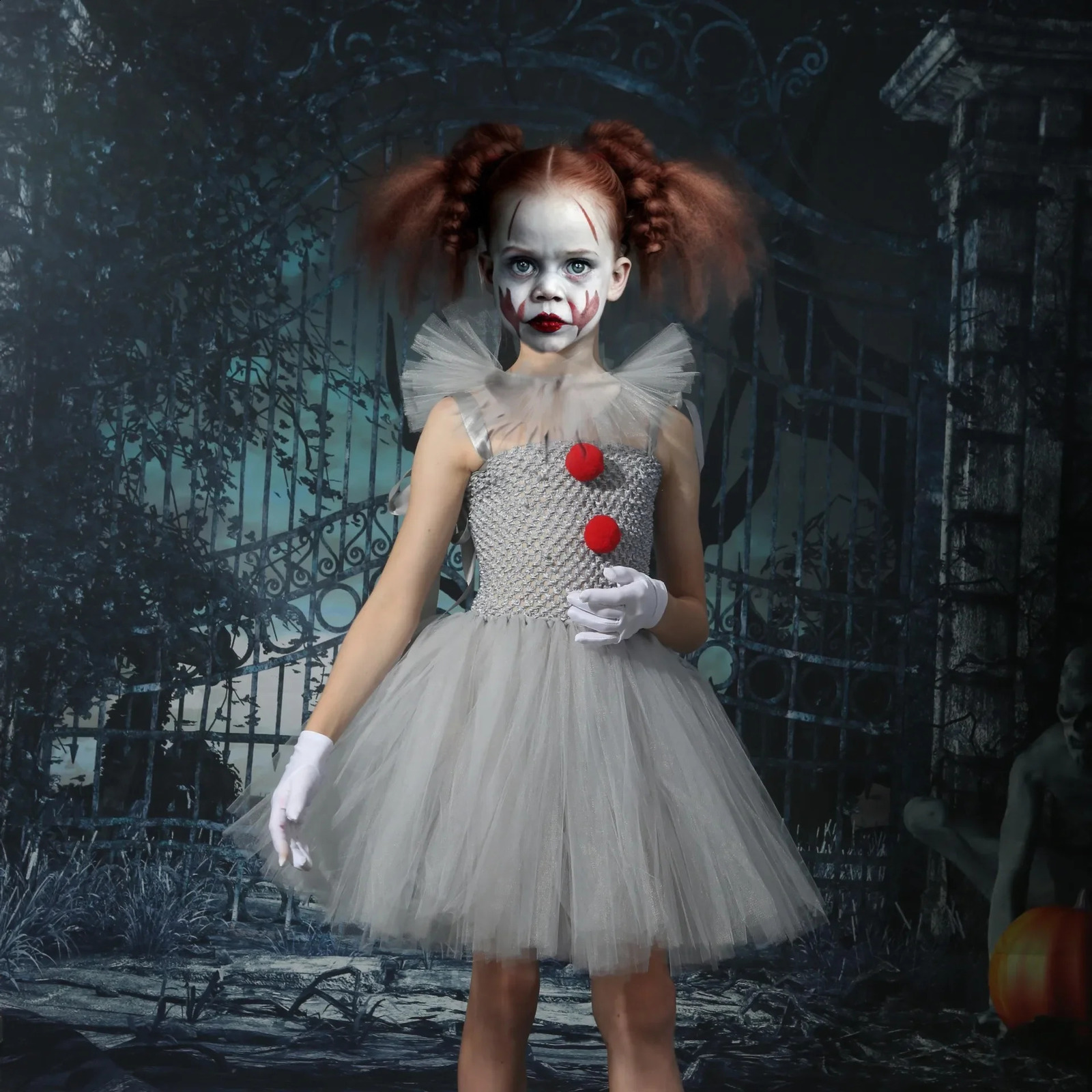 Stephen Kings It Girl Halloween Costume Childrens Clothing Grid Princess Dress Set Role Playing Performance Wearing Gloves 240823