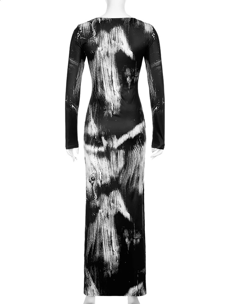 IAMSURE Slim Hollow Out Printed Split Dress Holiday Sexy V-Neck Long Sleeve Maxi Dresses For Women Autumn Spring Ladies 240823