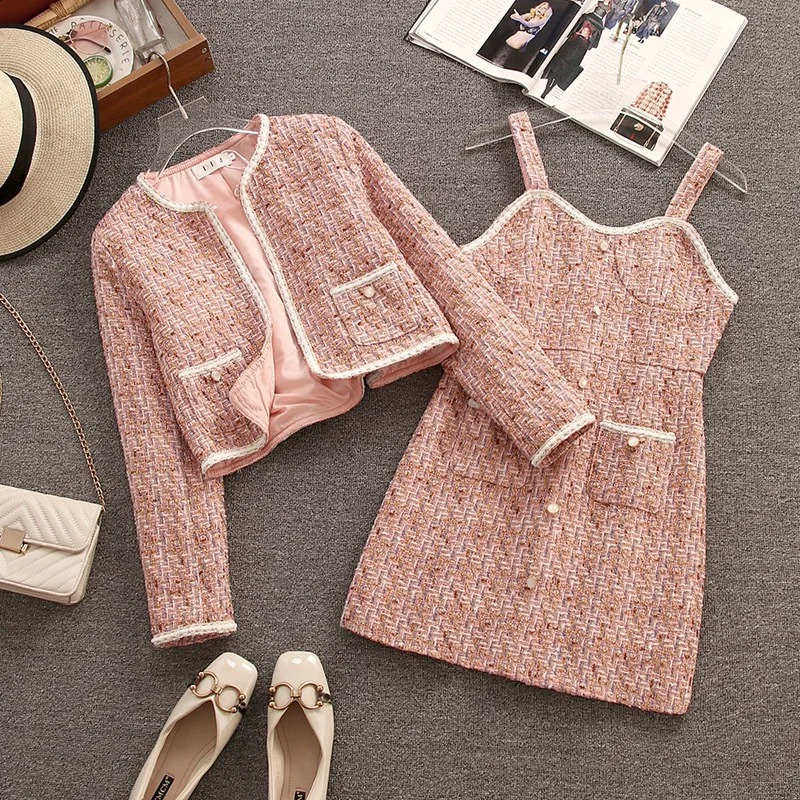 Autumn Winter Dress Suits Womens Vintage Tweed Jacket Coat Slim Suspenders Short Dress Two-piece Sets Lady Outfit 240823