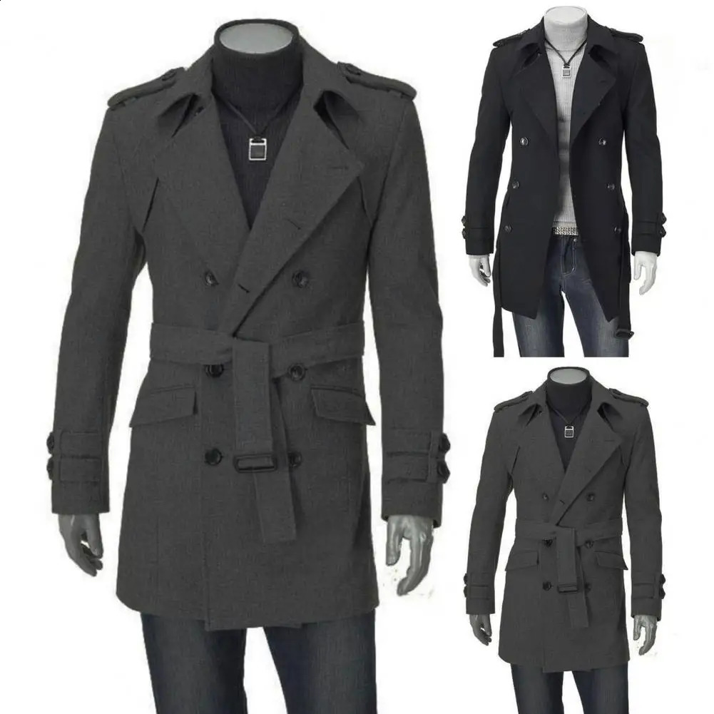 Men Fall Winter Trench Coat Long Sleeve Solid Color Lapel Double-breasted Belted Notch Collar Mid Length Men Jacket Windbreaker 240822