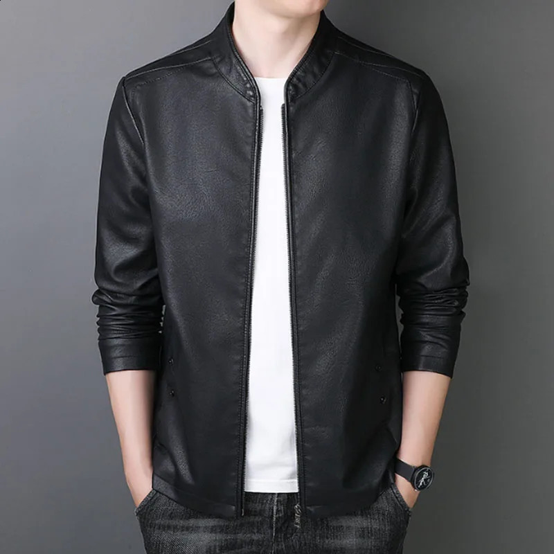 Trend Motorcycle Jacket Mens Fashion Leather Jacket Slim Fit Neckline PU Jacket Male Anti-wind Motorcycle Jackets Men Biker Coat 240822