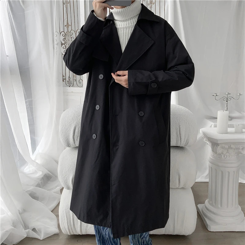 Korean Fashion Trend Mens Loose Casual Belt Overcoat Spring Loose Trench Long Sleeve Men Woman Coat Large Size Streetwear 240822