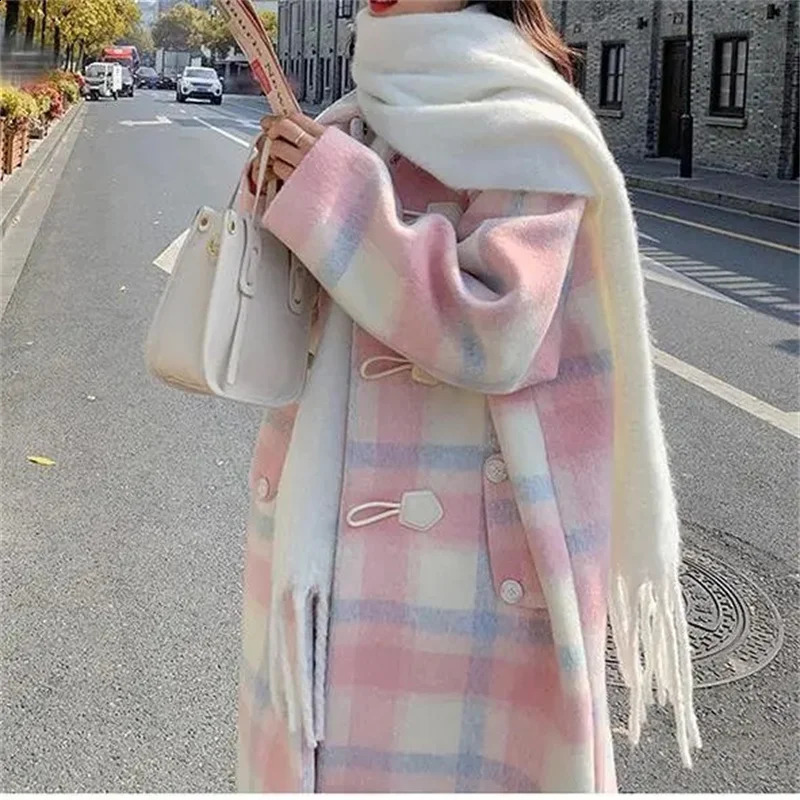 Autumn and Winter Loose Pink Cowhorn Button Woolen Coat Womens Fat Sister Sweet Little Man Woolen Coat V1 240822