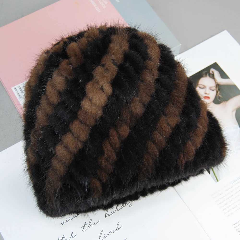 2024 Winter Womens Mink Hat Natural True Fur Knitted Hat Fashionable Fluffy Womens Genuine Leather Beans Womens Black Fur Hat W240822