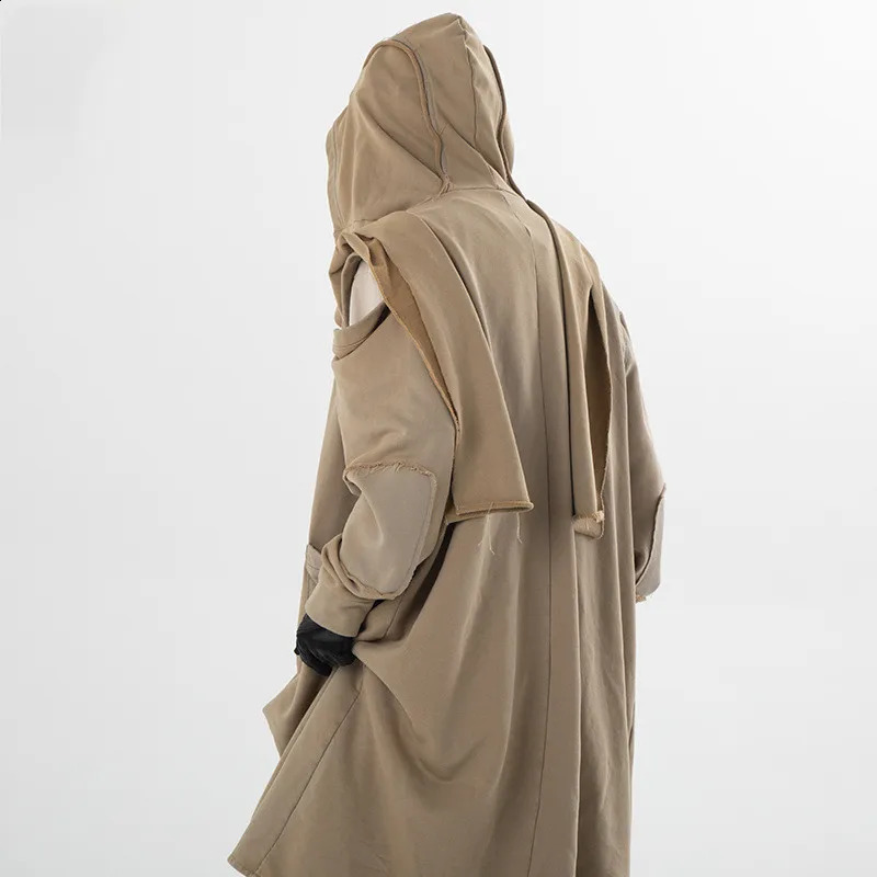 Ripped Hole Hip Hop Punk Trench Coat Destroyed Techwear Hooded Cloak Vagrant Style Vintage Long Jacket Cape For Men 240822
