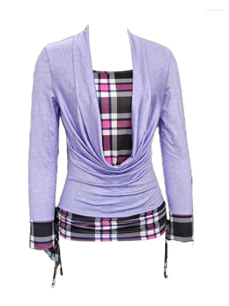 Women's Two Piece Pants Chic Purple Patchwork Plaid T-Shirt Slim Set Casual Fashion Autumn Sport Suit