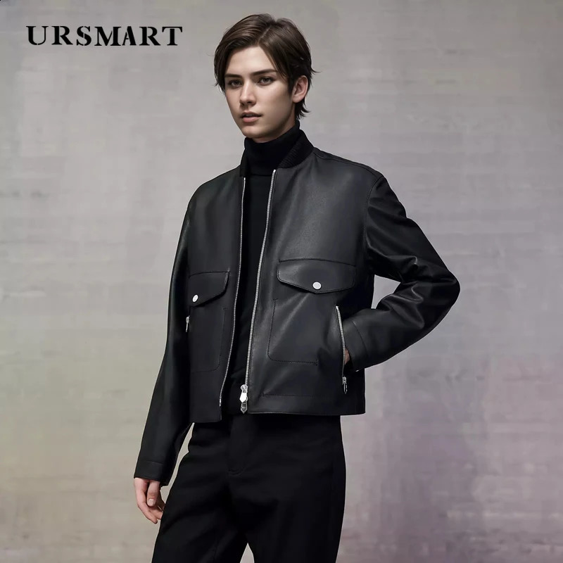 Mens Cowhide Jacket - British Fashion Handsome Black Sheepskin Zippered Stand-Up Collar High-Quality Custom n 240822