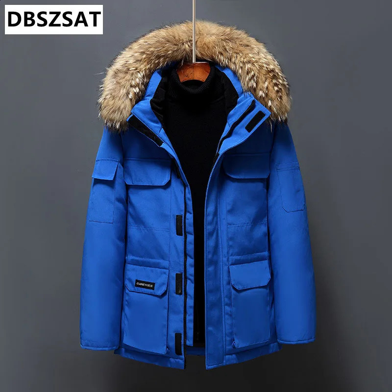Fur collar white duck down jacket mens windproof hooded thick multi pocket warm 30 degree park 240822
