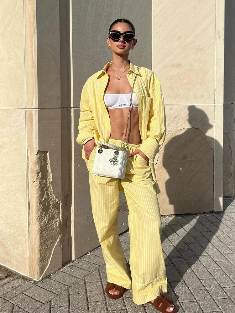 Casual striped shirt Trouser set womens single chest long sleeved loose T-shirt wide leg pants set 2024 street womens clothing 240823
