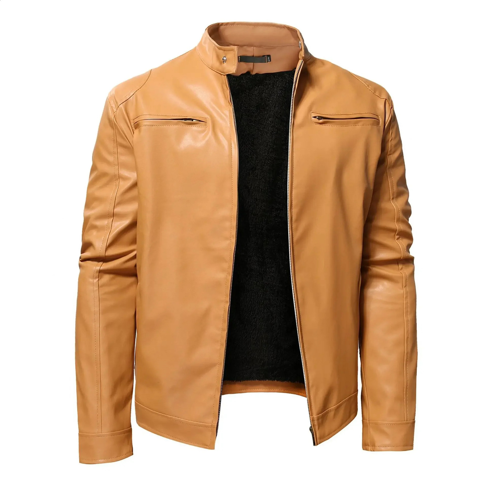 Autumn mens business gentleman plush and thick zippered cardigan stand up collar large leather jacket 240822