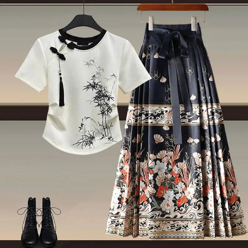 Fashionable Womens Set Improved Button Top Paired with Hanfu Horse Face Skirt Elegant Womens Two Piece Set 240823