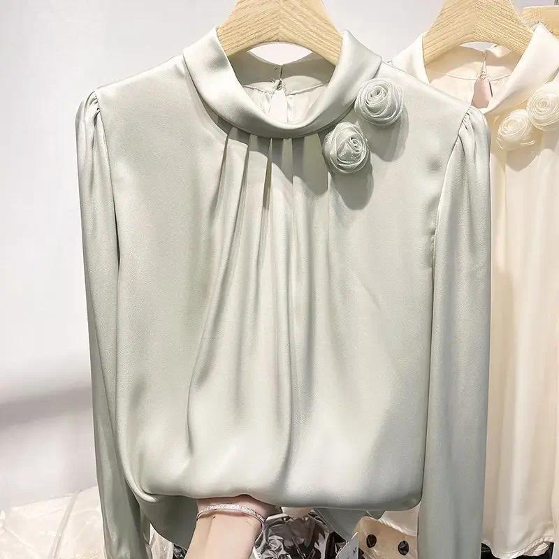Women's Blouses Solid Women Baggy Office Lady Temper Elegant Designer Minimalist French Cozy Gentle Chemise Design Stand Collar Clothes