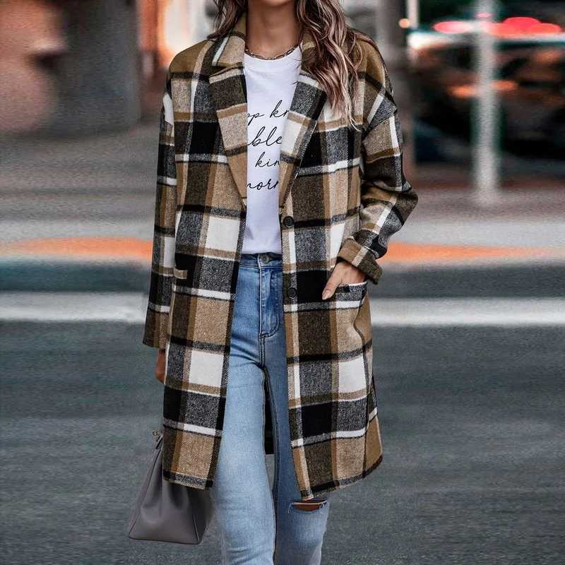 New Womens Plaid Shacket Jacket Casual Button Lapel Wool Blend Trench Coat with Pockets Long Sleeve Coat Outerwear CL240822