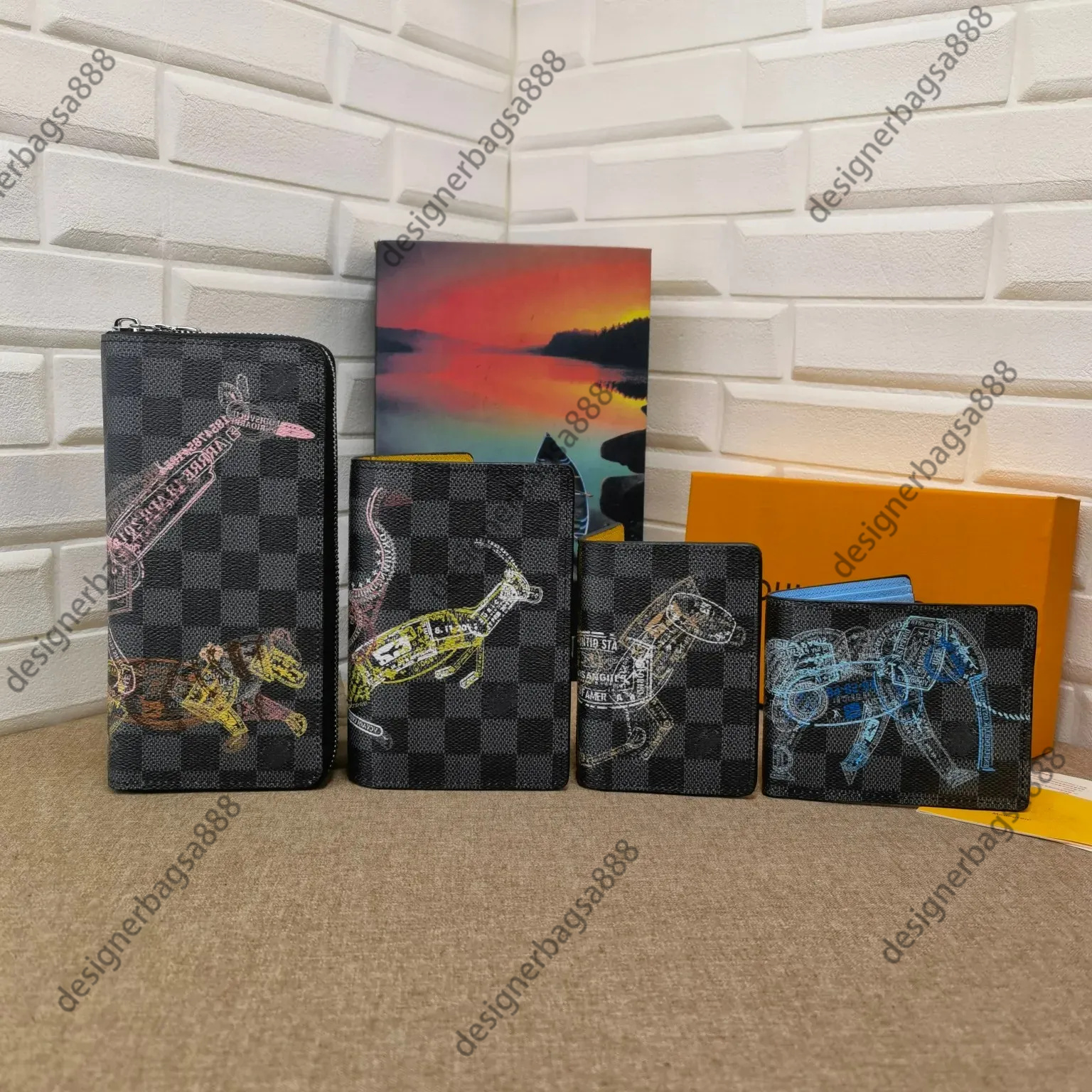 top Luxurys Unisex Plaid Black Checker Silk Screen Men's Zippey Designer Animal Elephant Print Card Holders Mens Long Wallet Clutch Bags 888