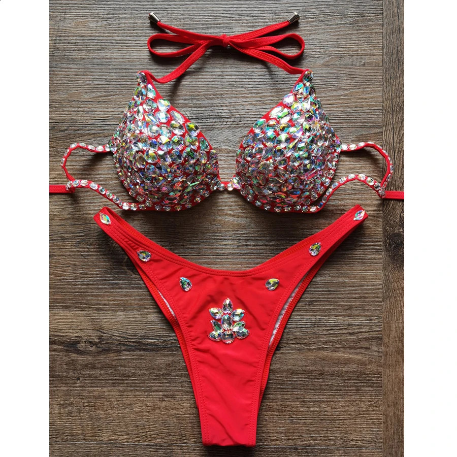 VIKINII Rose Red Crystal Biquinis Sexy Luxury Diamond Bikinis Set Women Rhinestone Swimwear Female Honey Moon Beachwear 240822