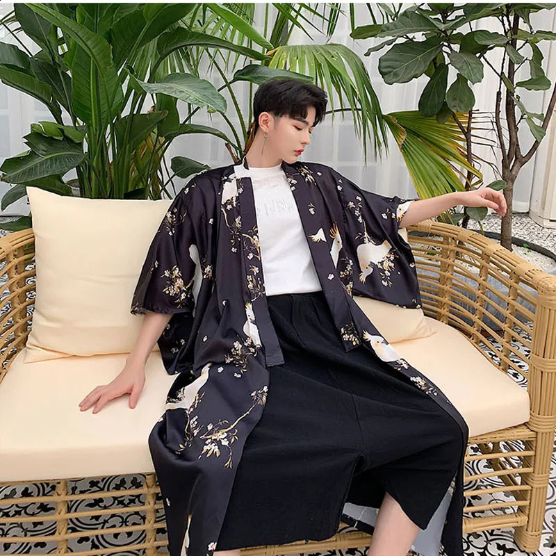 Men Print Japan Fashion Loose Casual Vintage Long Kimono Cardigan Shirt Night-robe Trench Coat Sunscreen Beach Jacket Robe 240822