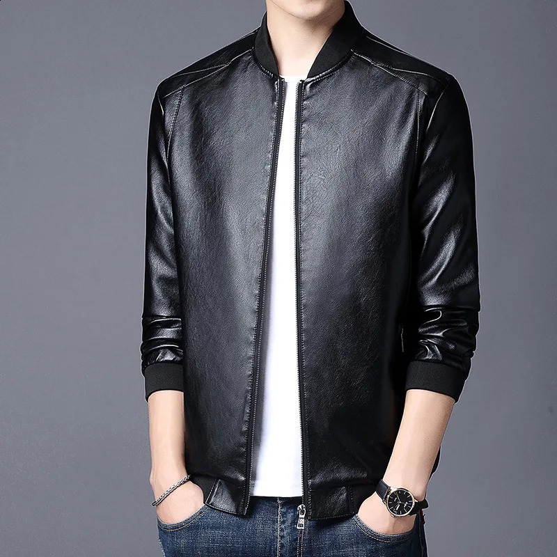 Men Jacket Smooth Faux Leather Spring Jacket Solid Color Elastic Cuff Men Coat Slim Stand Collar Cardigan Jacket Daily Wear 240822