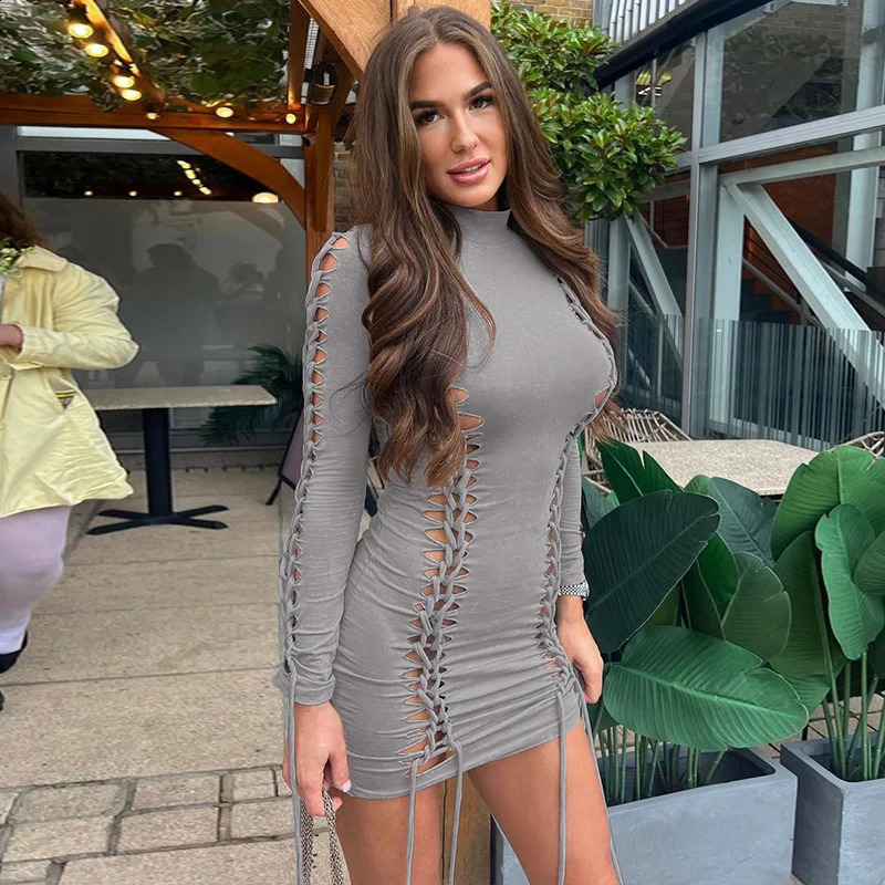 Fall Solid Long Sleeve Cut Out Hole Lace Up Sexy Bodycon Mini Dress Women Elegant Party Streetwear Clothes Y2K 240823