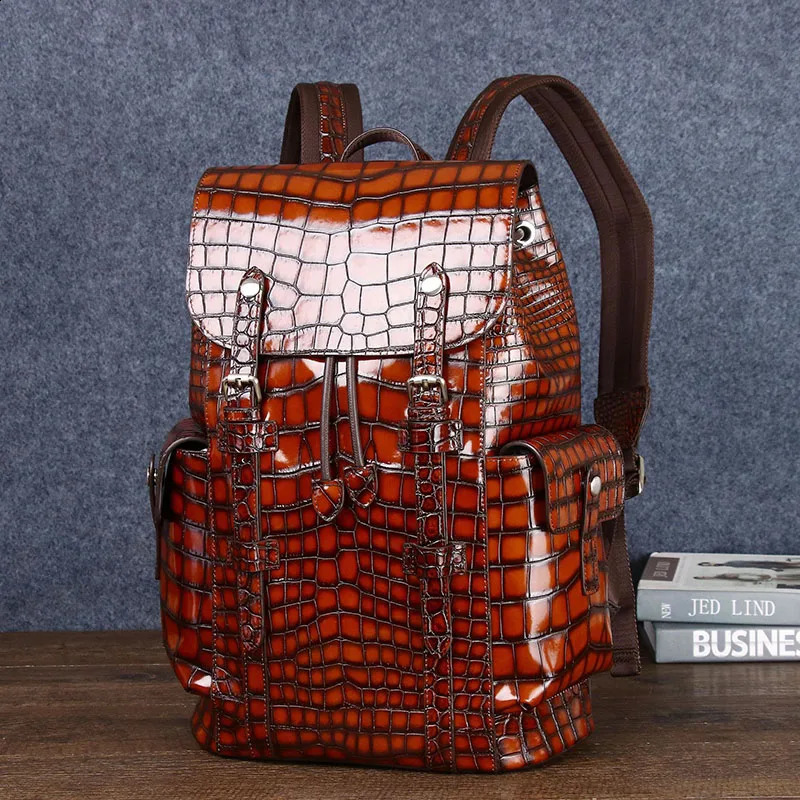 DHXJ Mens Genuine bag Real Cowhide leather Pattern Business Casual Backpack Large Capacity Travel Bag 240823