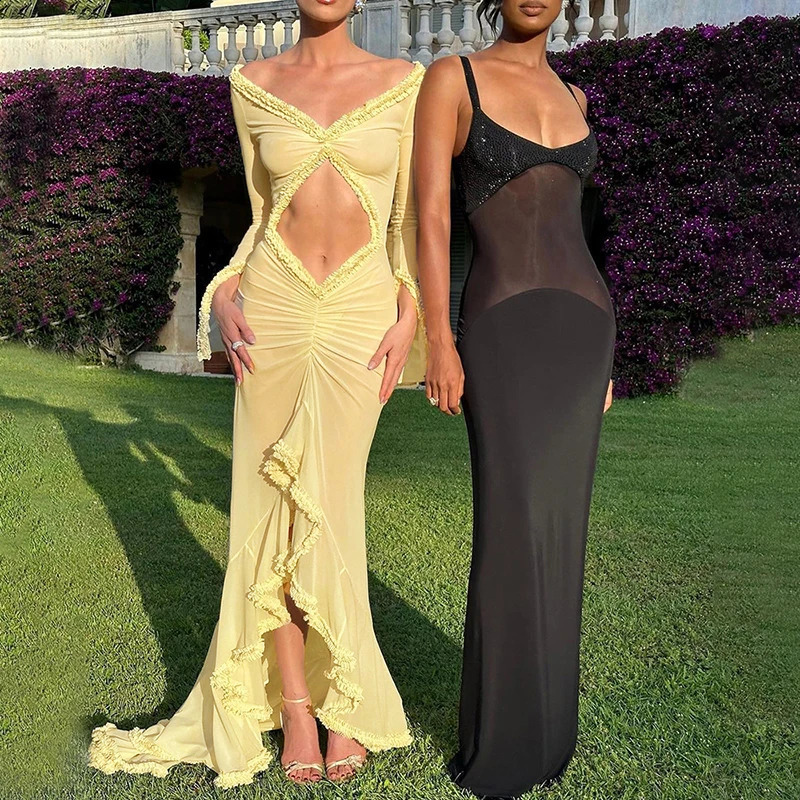 Womens doll Lingerie Mesh Sheer Long Dress Sexy See-Through Long Sleeve Frill Trim V Neck Cutout Long Gown Beach Vestido 240823