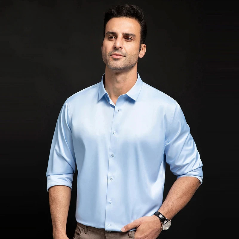 T446 Quality Stretch Anti-Wrinkle Smooth Men Shirts Long Sleeve Dress Shirt For Male Slim Social Business Blouse Shirt S-6XL 240822