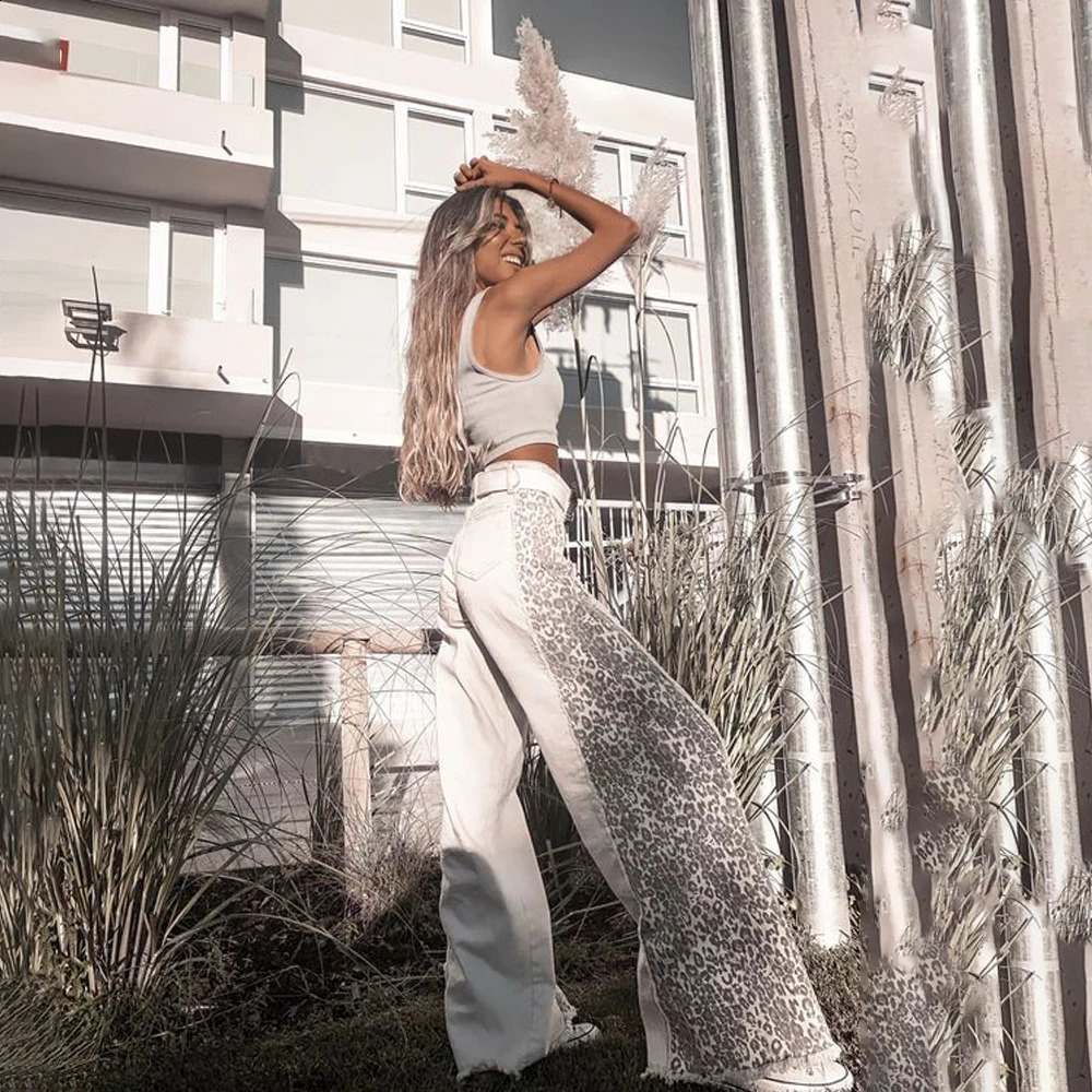 Zebra Pattern Patchwork Jeans Explosive Floor Length Pants Color Blocking for Womens Clothing Z260313