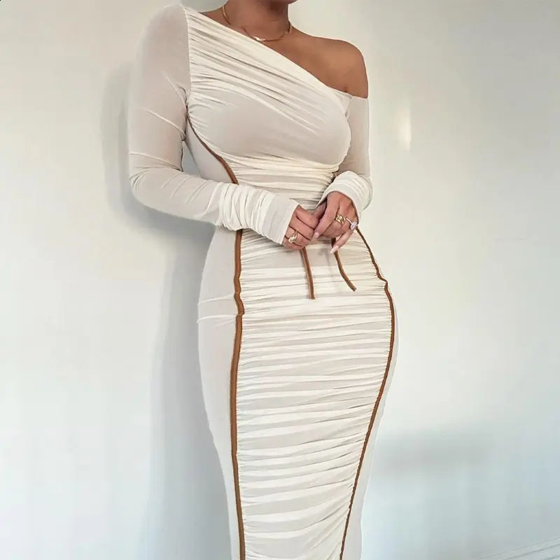 Elegant Diagonal Collar Long Sleeve Maxi Dresses for Women Sexy Two Layer Mesh Backless Ruched Bodycon Club Party Evening Dress 240823