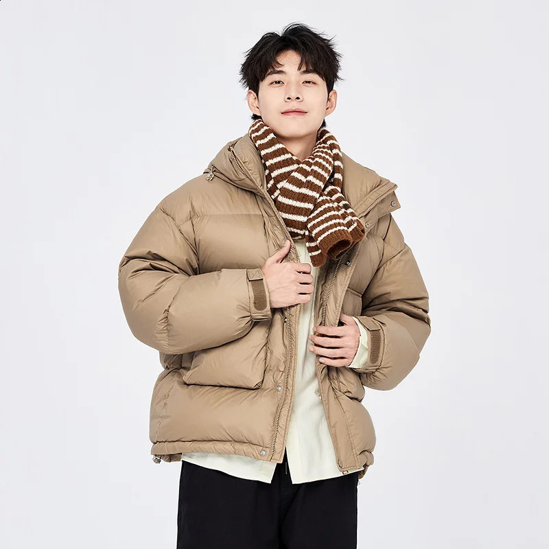 Mens semi down jacket winter warm and comfortable simple solid color casual hooded trend 240822