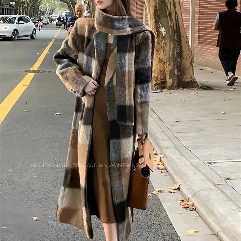French plaid woolen long coat jacket for womens winter autumn/winter loose fitting high-quality trench coat for commut 240822
