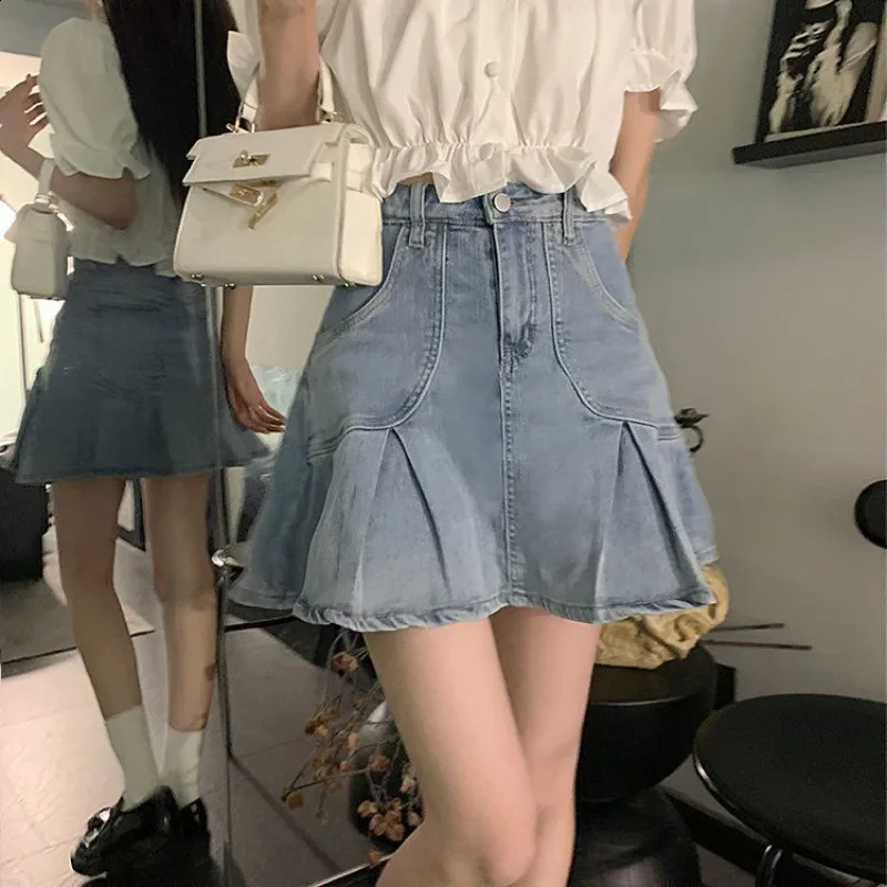 Summer Korean Style Preppy Sweetpuff Sleeveless Top High-waisted Denim Skirt 2-piece Set For Women 240823