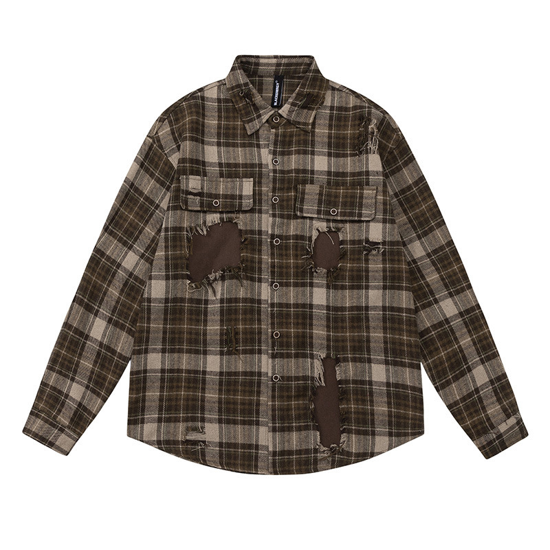 American Plaid Shirt Mens Spring and Autumn New China-chic Design Patch Hole Shirt Coat