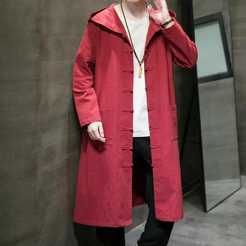 Fashion Men Hooded Sweatshirts Black Hip Hop Cotton Linen Hoodies Vintage Long Sleeve Cloak Trench Coats Outwear KK3774 240822