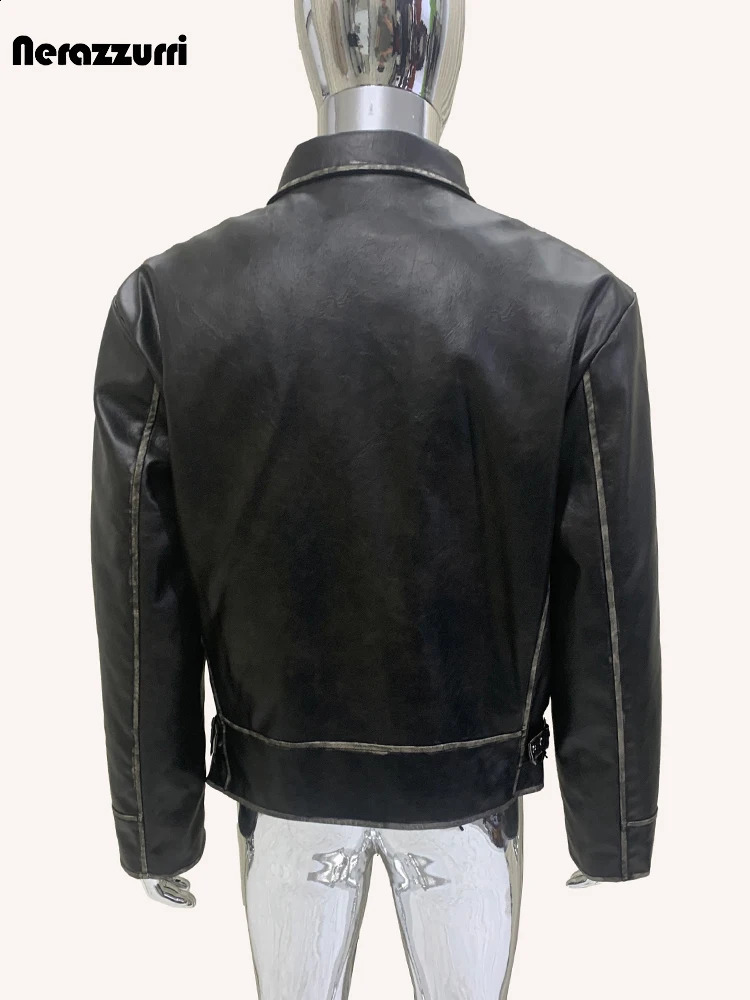 Nerazzurri Spring Autumn Washed Distressed Black Pu Leather Jacket Men Quilted Lining Turn-down Collar American Retro Clothes 240822