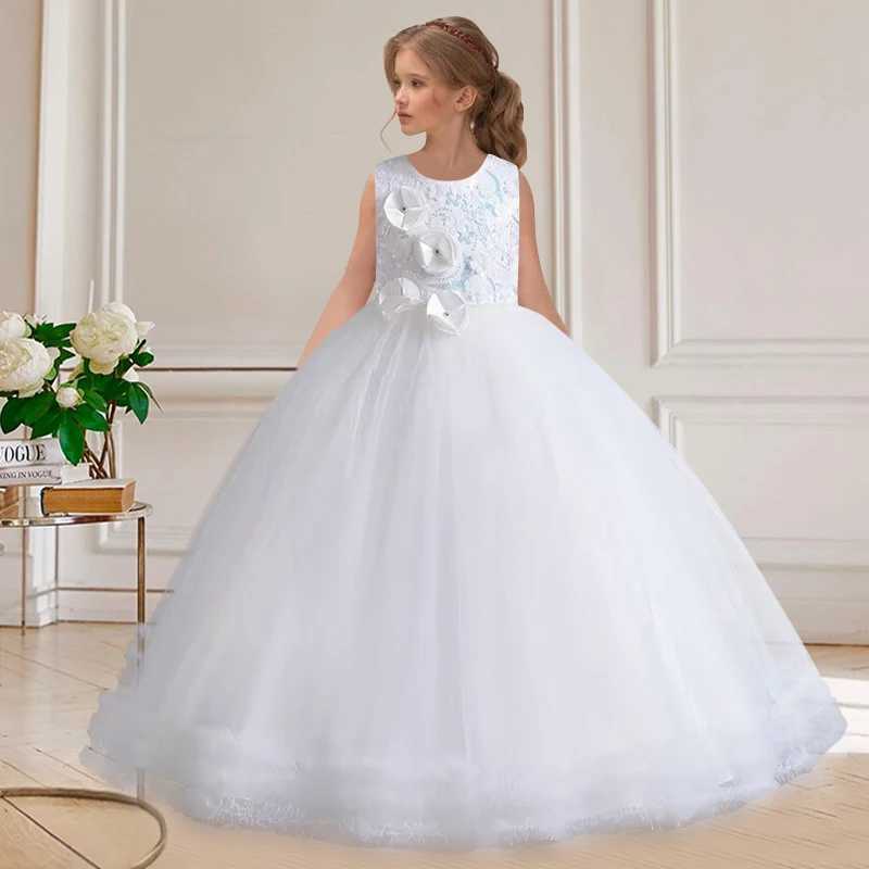 4-14Y lace teenage childrens girl wedding dress elegant princess party dress Christmas formal sleeveless dress W240823