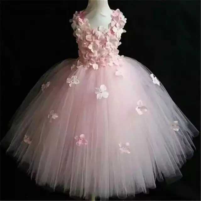 Girls Pink Fairy Flower Petal Tutu Dress Childrens Crochet Tulle Dress Long Ball Dress Childrens Wedding Party Dress Evening Dress W240823