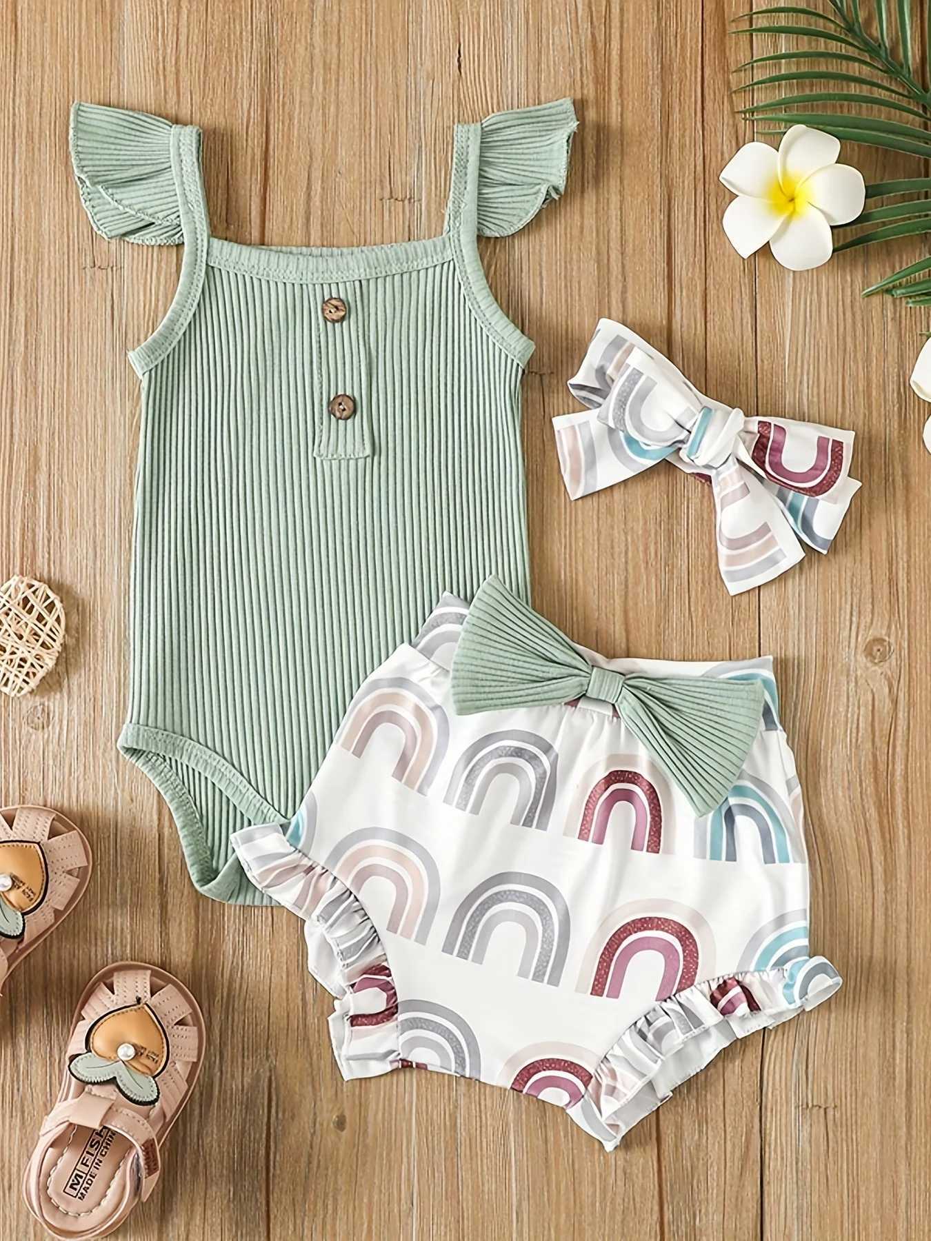 Summer Newborn Baby Girl Clothes Set Sleeveless Bodysuit Printed Shorts 3pcs Clothing Suit Baby Girl Clothes W250218
