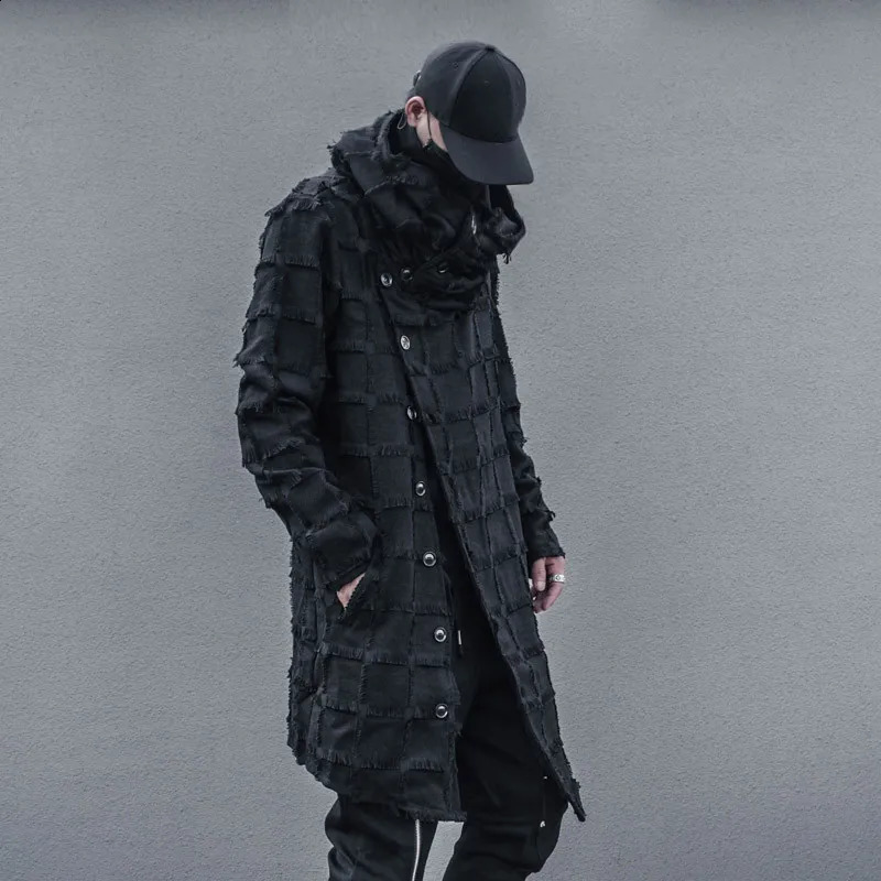 Techwear Style Tassel Plaid Punk Hip Hop Trench Coat Men Turtleneck Irregular n Long Jacket Street Casual Gothic Coat 240822