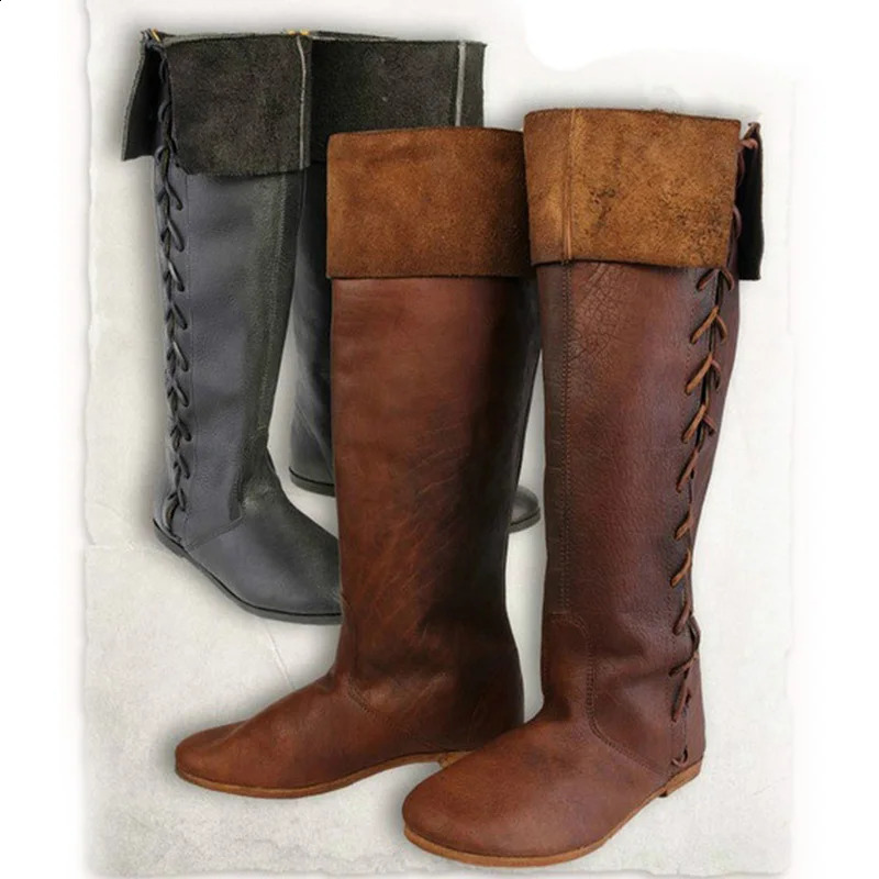 British style medieval retro mens knight role-playing PU leather short ankle boots carnival party womens Gothic executive lace uppers 240823