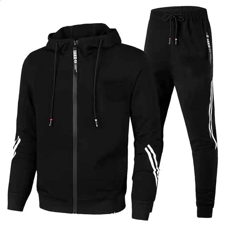 Mens autumn and winter sportswear casual outdoor zipper jacket sports pants jogging set mens wool hooded sweatshirt 240822