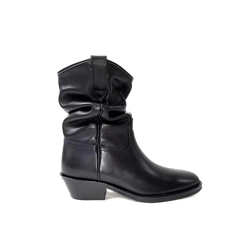 black pleated stacked boots thick heels and soft leather elastic weight loss boots fashionable learning short boots 240823